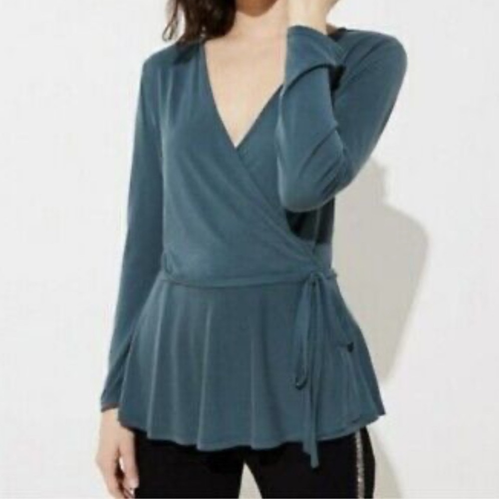 Loft Long Sleeve Peplum Wrap Top Sea Green Size Small